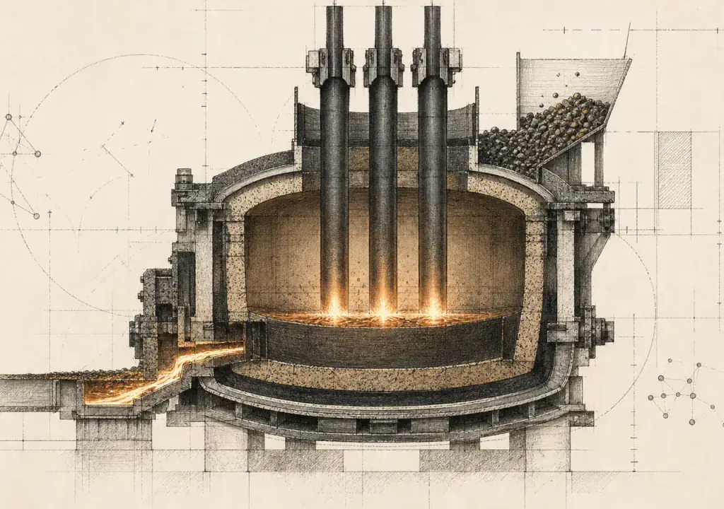 Technical illustration of a metallurgical furnace cross-section and material flow